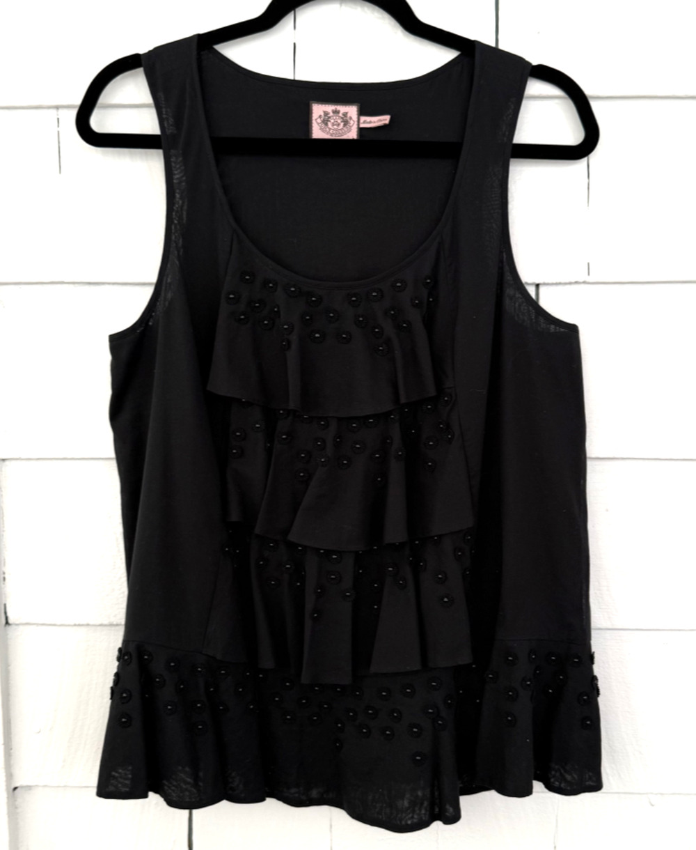 Juicy Couture Y2K Womens L Black Applique Beaded Ruffle Tank Top Boho Whimisgoth